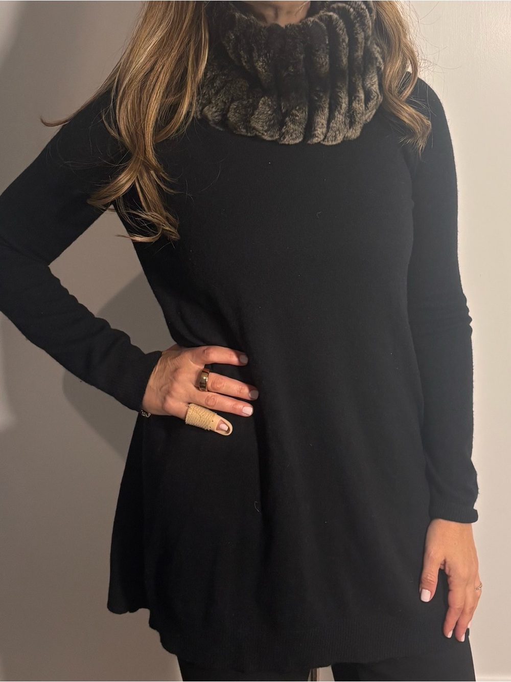 Theory 100% Cashmere Rabbit Fur Trim Sweater Dress Tunic Black Size P
